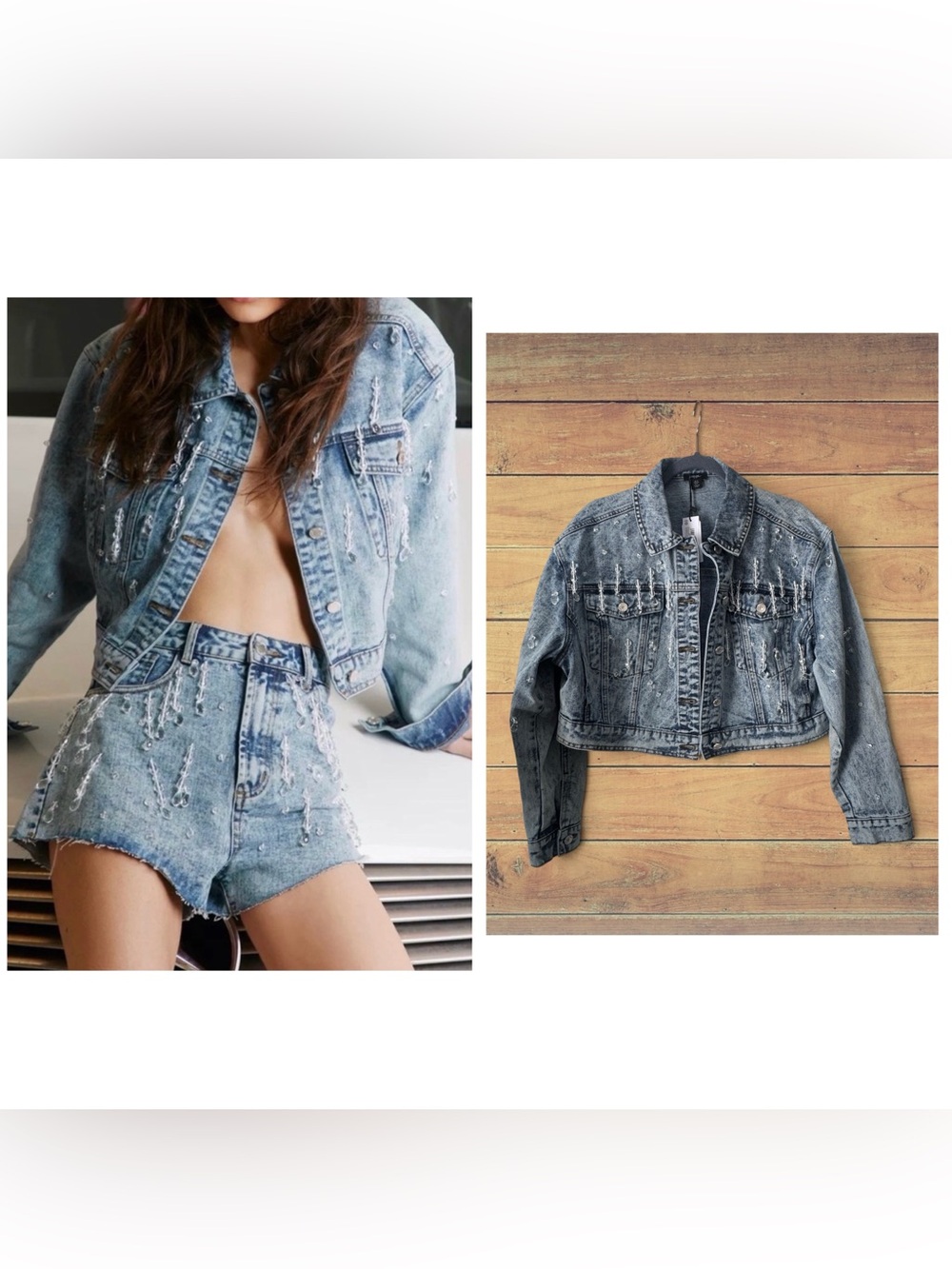NEW Nasty Gal Embellished Dangle Bead Denim Jacket, US 12